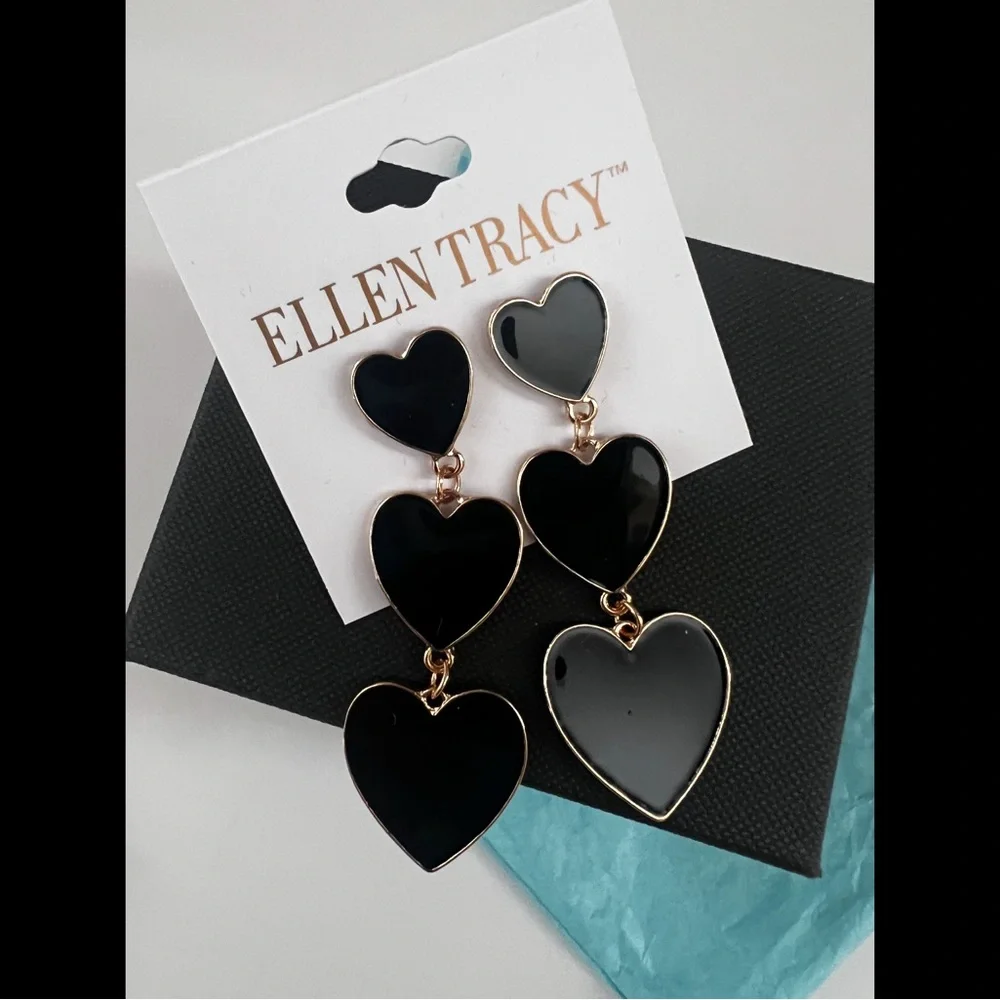 Ellen Tracy Triple Black Heart Drop Earrings NWOT